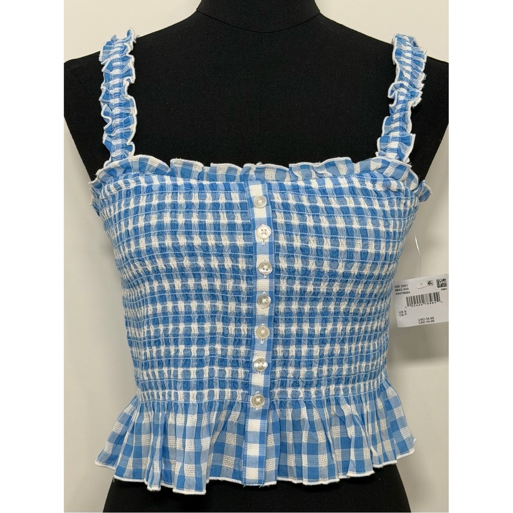 American Eagle Blue Gingham Smocked Crop Top Ruffle Cami NWT S